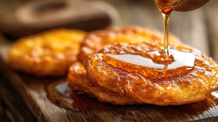 Golden pancakes drizzled with syrup on wooden board