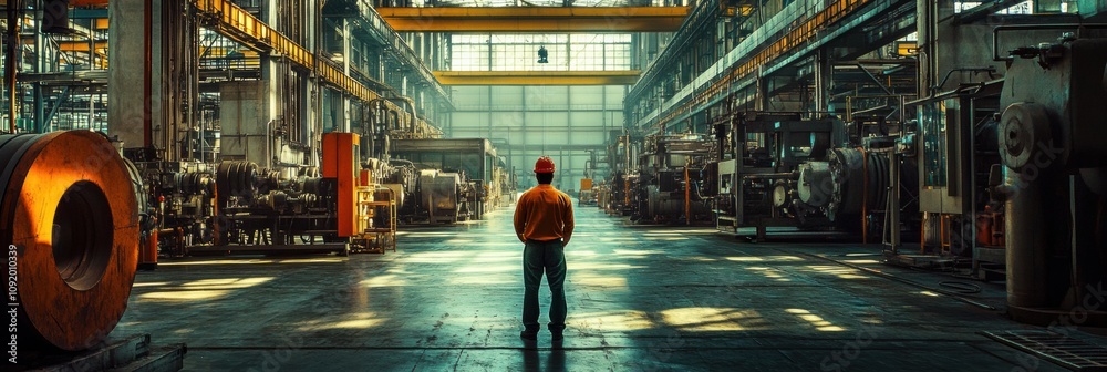 Aufkleber an engineer stands thoughtfully in an expansive factory filled with machinery, observing the industr