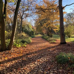 Sunlit autumn path through colorful foliage and trees in a park.