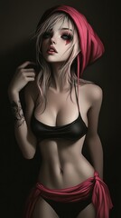 A confident woman draped in a towel, standing with one hand on her hip, her gaze bold