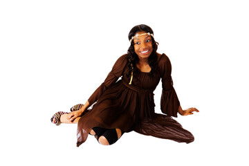 Young Slim African American Woman Sitting In Brown Dress