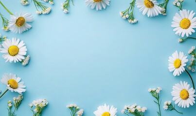 Fototapeta premium Daisies frame on blue background with copy space.