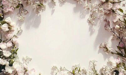 Delicate pink and white flowers create a frame on a light background, perfect for text or design.