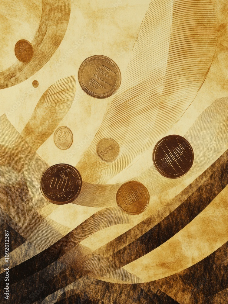 Poster falling coins and price tags create an abstract design, emphasizing motion with swirls and textured 