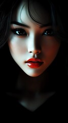 Fototapeta premium A radiant Asian woman looking directly at the camera, her expression serene, her face softly glowing against the dark background