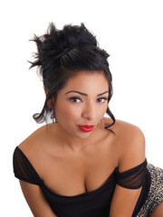 Pretty Hispanic Woman Sitting With Off Shoulder Black Top