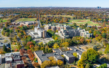 Aerial view of Garden City Long Island in the fall.