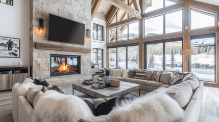 Ski lodge winter living room mockup vaulted ceilings wooden beams stone fireplace roaring fire modern furniture neutral tones big windows snowy mountain views warm lighting cozy luxurious atmosphere