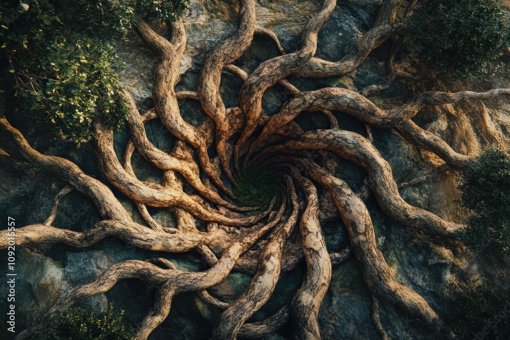 Poster intertwining branches and roots create a symbolic representation of the tree of life, highlighting t