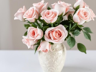 Obraz premium A collection of pale pink roses in a delicate ceramic vase with intricate patterns and textures, soft pink roses, floral arrangements, botanical style