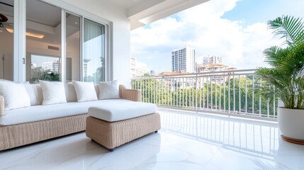 Bright and Airy Modern Living Room with Cozy Sofa and Scenic City View from Balcony in Contemporary Apartment Setting