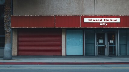 Red-shuttered storefront with sign reading "Closed Online Only" seen from across street