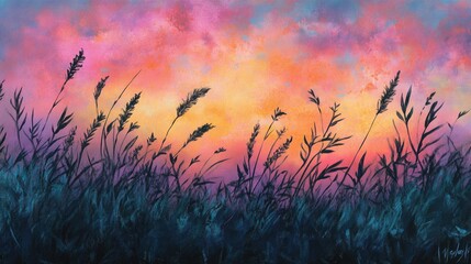 Vibrant Sunset Over Silhouetted Grass Blades Against a Colorful Sky with Hues of Orange, Pink, and Purple Illuminating the Landscape at Dusk