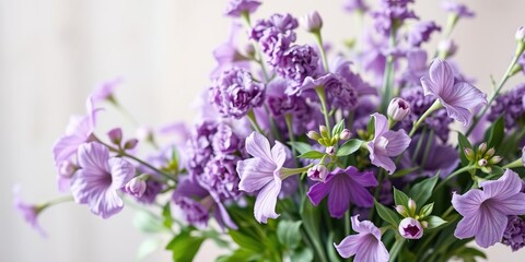 Obraz premium A lush arrangement of purple flowers in a vase, violet flowers, botanical art, decorative vases
