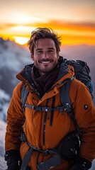 Obraz premium Adventurous Man Smiles At Sunset Mountaintop