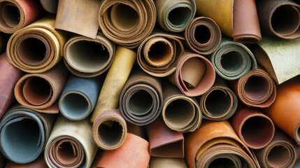 Assorted Rolls of Colorful Leather Hides in Various Textures and Patterns Ideal for Crafting, Upholstery, and Fashion Projects Displayed in a Rustic Setting