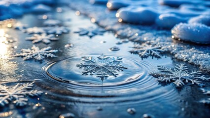 Close-up of rainwater mixing with melting snowflakes on a frozen puddle, snowmelt, reflective