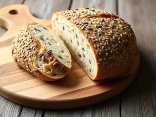 Artisan bread with cutaway seeds on a rustic wooden cutting board, artisanal, natural fibers