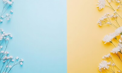 Obraz premium Pastel blue and yellow background with white flowers arranged symmetrically, creating a minimalist floral design.