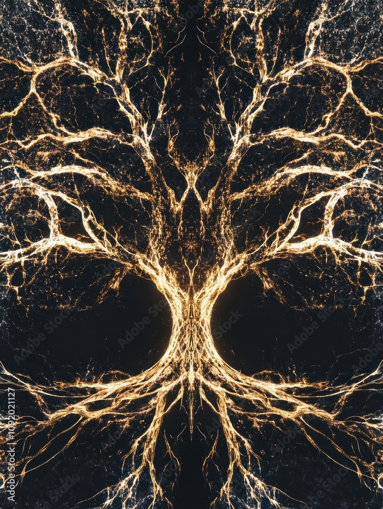 Poster An abstract representation of a tree with glowing branches and roots conveys the essence of life, connection, and growth in the universe. Generative AI