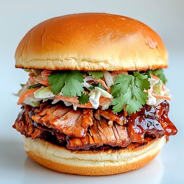 A succulent BBQ pulled pork sandwich made with slow cooked pork shoulder marinated in a tangy and smoky BBQ sauce
