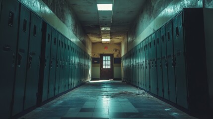 A bright and tidy school corridor, with neatly arranged storage cabinets, symbolizes education, order, and student life. It reflects a positive academic atmosphere and campus environment.