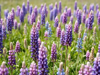 Obraz premium A vibrant and colorful field of lupines in shades of purple and blue swaying gently in the breeze, summer, purple blooms, sunlight