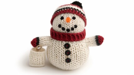 Fototapeta premium Adorable knitted snowman with a scarf and bucket.