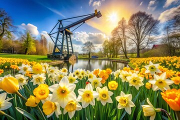 Captivating Double Exposure of Daffodils at Keukenhof Gardens with Crane Gimbal Shot, Showcasing the Beauty of Spring in Amsterdam, Netherlands