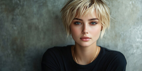 Fototapeta premium woman short hair blonde. Close-up portrait of a young blonde woman with a short