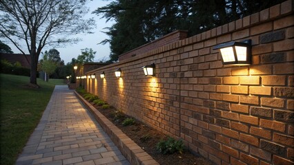 Obraz premium Brick wall adorned with solar-powered lights, lights, solar panels
