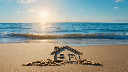 Fototapeta premium Sand drawing of house on beach during sunset, waves approaching