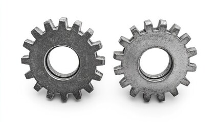 Two silver metal gears with interlocking teeth, used in machinery and engineering