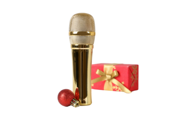 PNG, New Year gifts with microphone, golden microphone isolated on white background.