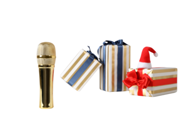 PNG, New Year gifts with microphone, golden microphone isolated on white background.