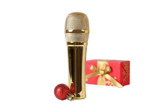 PNG, New Year gifts with microphone, golden microphone isolated on white background.