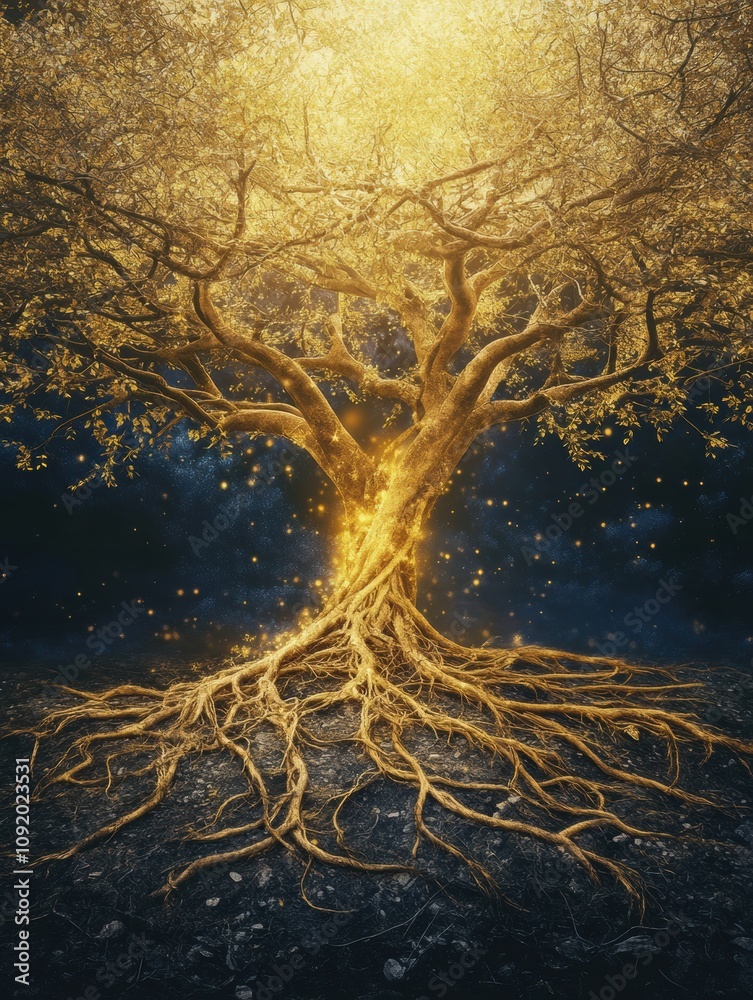 Fototapete A golden tree displays intricate branches and roots that symbolize growth and the beauty of interconnected life in a mystical environment. Generative AI