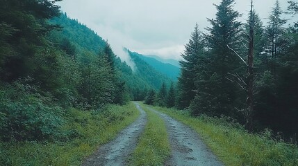 Obraz premium A serene dirt path winding through a lush forested landscape.