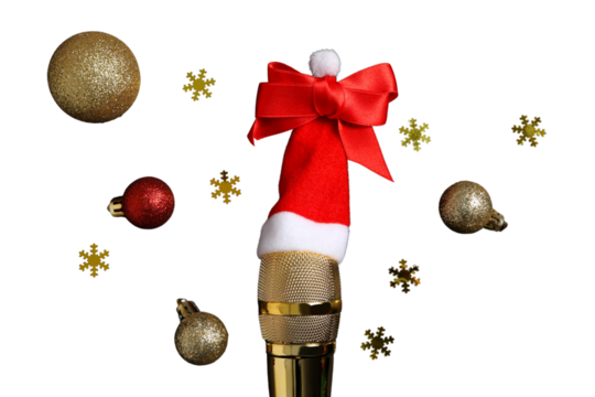 PNG, Christmas gifts with microphone, microphone with santa hat isolated on white background.