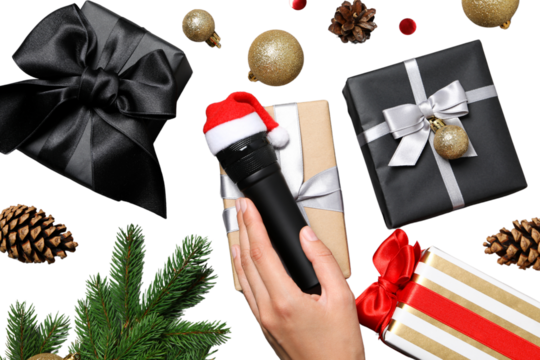PNG, New Year gift, Christmas gifts with microphone isolated on white background.