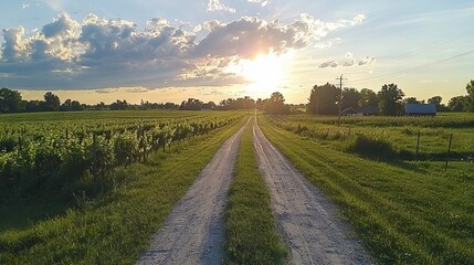 Obraz premium A serene dirt road leads through lush fields at sunset.
