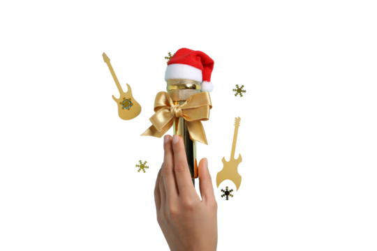 PNG, Christmas gifts with microphone, microphone with santa hat isolated on white background.