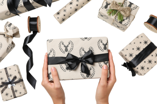 PNG, Christmas gifts, packing process, isolated on white background.