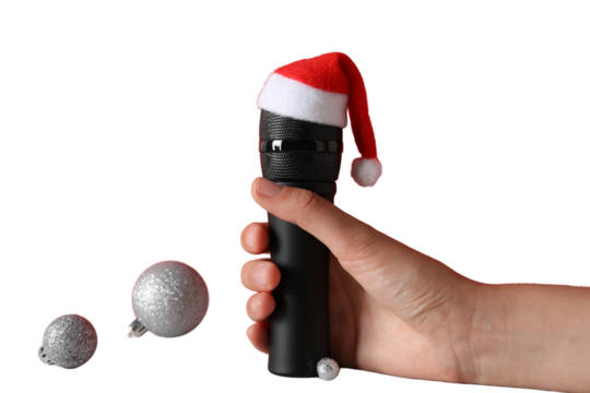 PNG, Christmas gifts with microphone, microphone with santa hat isolated on white background.