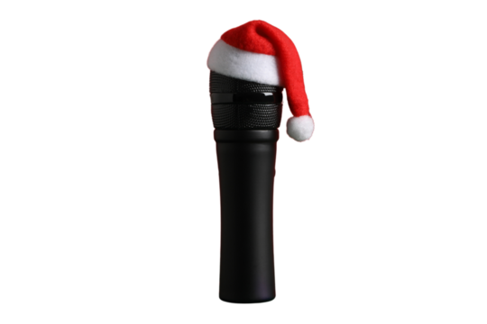PNG, Christmas gifts with microphone, microphone with santa hat isolated on white background.