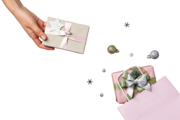 PNG, Christmas gift boxes with Christmas toys isolated on white background.