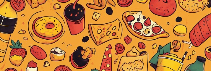 Whimsical doodle illustrations feature a variety of foods like pizza, sushi, drinks, and desserts in a vibrant, playful style. Generative AI