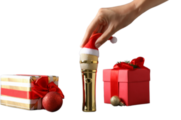 PNG, Christmas gifts with microphone, microphone with santa hat isolated on white background.