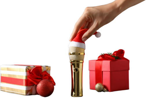 PNG, Christmas gifts with microphone, microphone with santa hat isolated on white background.