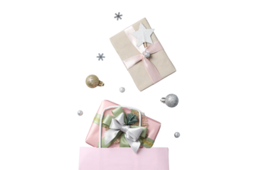 PNG, Christmas gift boxes with Christmas toys isolated on white background.